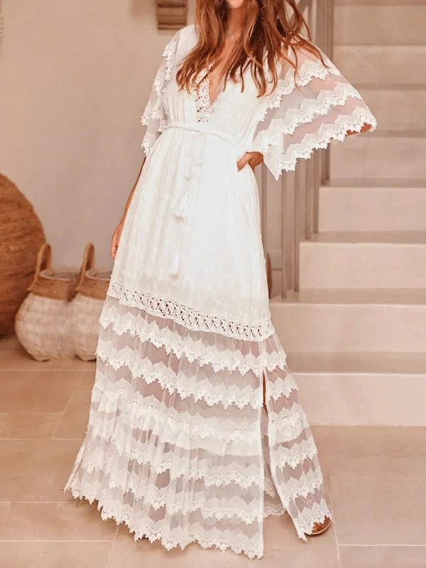 Lace Boho V-Neck Short Sleeve Maxi Dress Casual Maxi Dress with Pockets