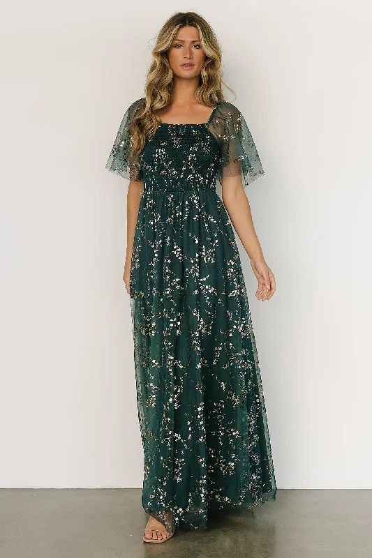 Cassandra Tulle Maxi Dress | Green + Gold Comfortable Fitted Maxi Dress