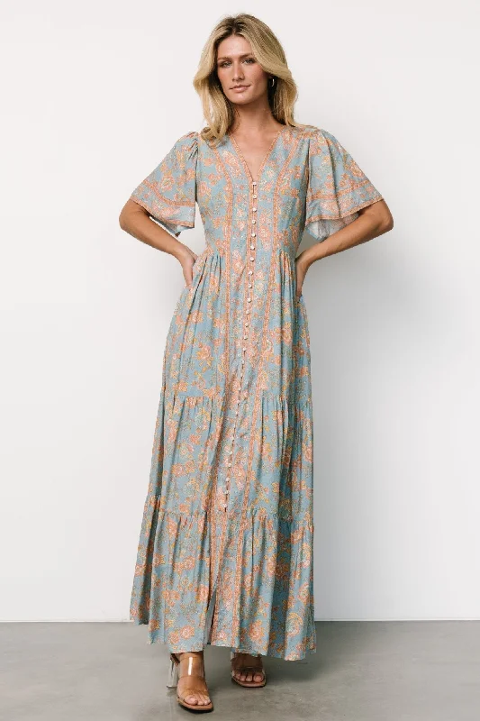 Cheryl Maxi Dress | Dusty Blue Floral Stylish Boho Maxi Dress