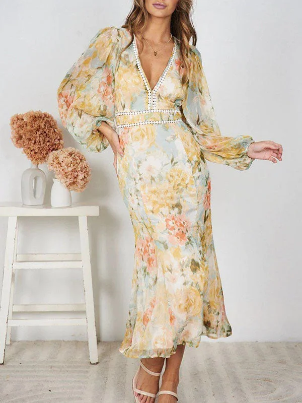 Chiffon Floral V Neck Maxi Dress Elegant Wraparound Maxi Dress