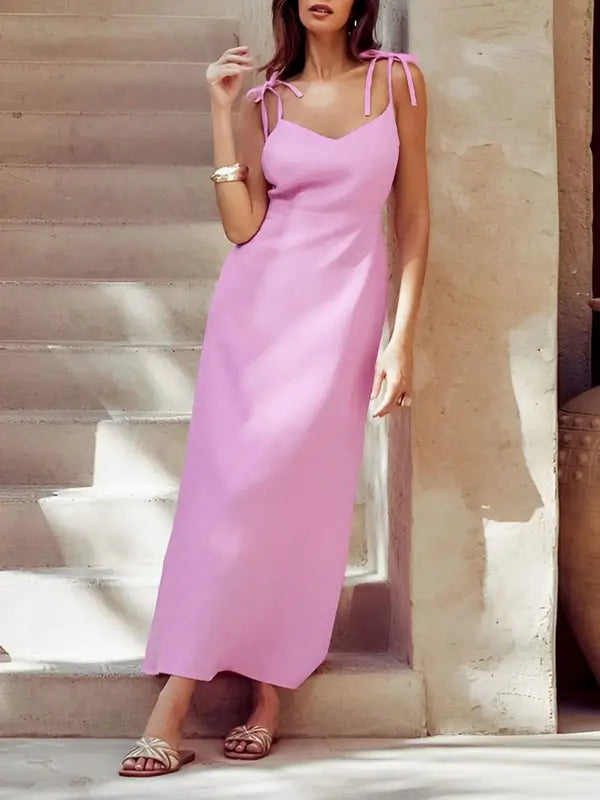 Cotton Sleeveless Pink Maxi Dress Comfortable Maxi Dress with Belt