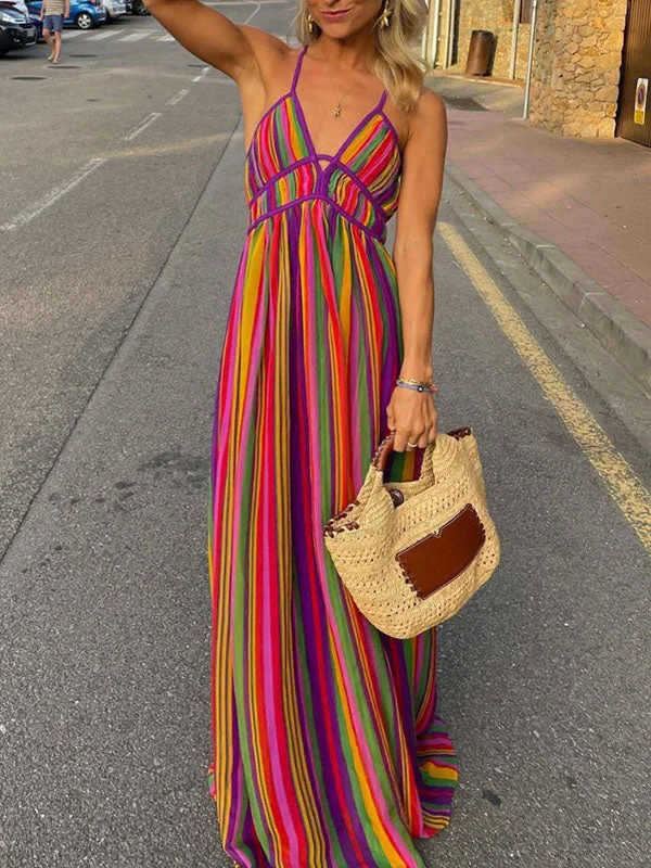 Cross-strap Rainbow Stripe Maxi Dress Cozy Longline Maxi Dress