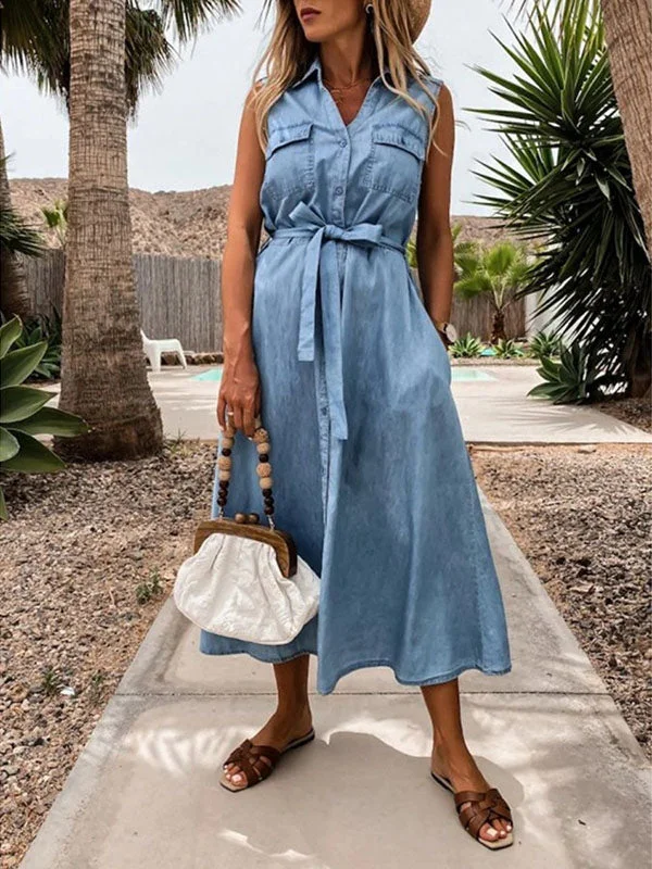 Denim Belt Sleeveless Maxi Dress Fashionable High-Low Maxi Dress