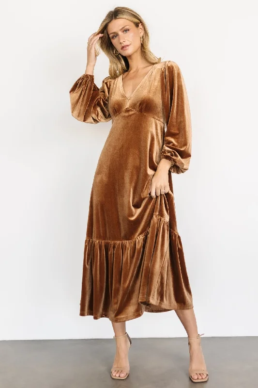 Erika Velvet Maxi Dress | Caramel Elegant Maxi Dress with Belt