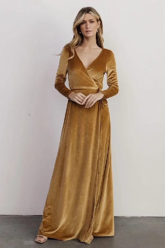 Esmerelda Velvet Wrap Maxi Dress | Gold Comfortable Fit-and-Flare Maxi Dress