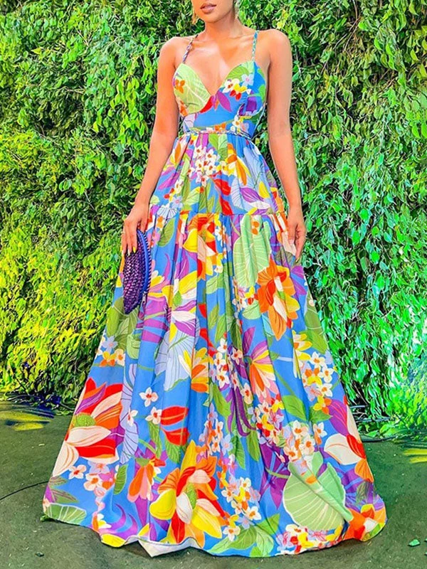 Floral Backless Camisole Maxi Dress Stylish One-Shoulder Maxi Dress