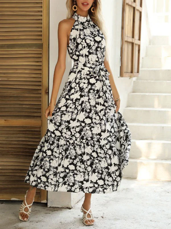 Floral Sleeveless Halterneck Maxi Dress Comfortable Maxi Dress with Sleeves