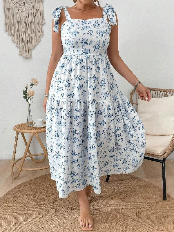 Flower Print Knot Strap Maxi Dress Fashionable Maxi Dress with Fringe