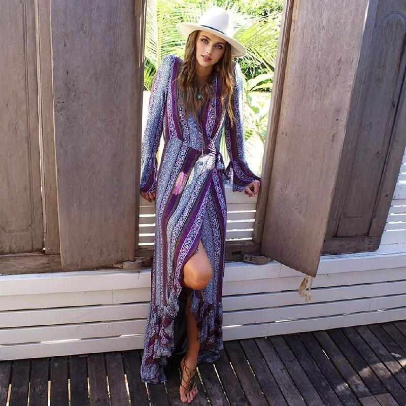 JuliaFashion-Free Spirit V-Neck Long Sleeve Maxi Dress Comfortable Long-Sleeve Maxi Dress