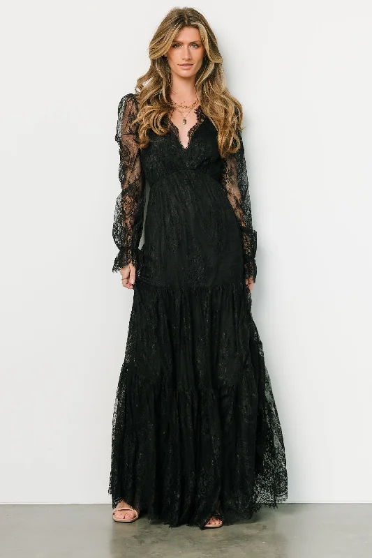 Gloria Lace Maxi Dress | Black Stylish Maxi Dress with Pleats