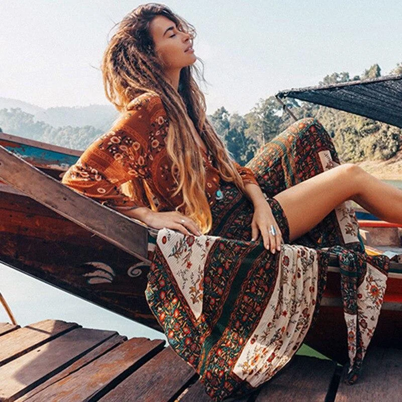 JuliaFashion-Gypsy Style Boho Deep Split Maxi Dress Stylish Long Sleeve Maxi Dress