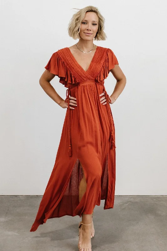 Jennifer Deep V Maxi Dress | Rust Elegant Maxi Dress with Belt