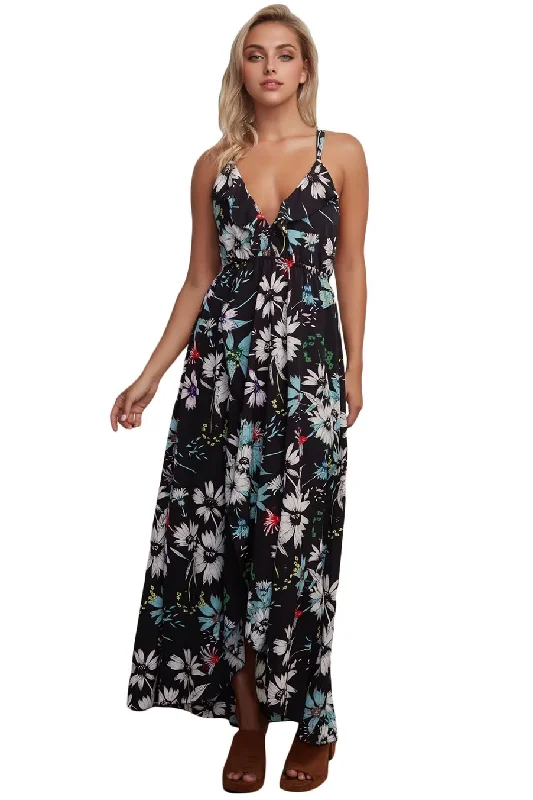 JuliaFashion-Black Floral Chiffon Spaghetti Straps Maxi Dress Comfortable Ruffle Maxi Dress