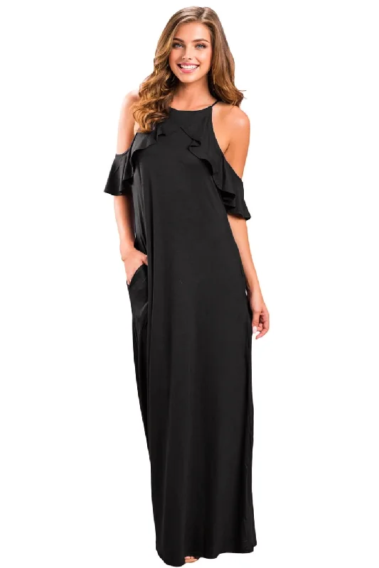 JuliaFashion-Black Ruffle Sleeve Cold Shoulder Maxi Dress Trendy A-Line Maxi Dress