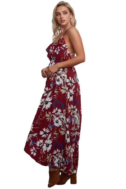 JuliaFashion-Burgundy Floral Chiffon Spaghetti Straps Maxi Dress Stylish Maxi Dress with Pleats