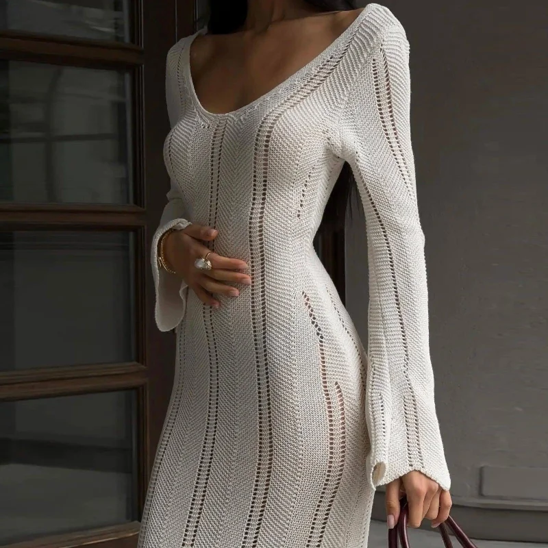 Juno Knitted Long Sleeved Maxi Dress Fashionable Off-Shoulder Maxi Dress