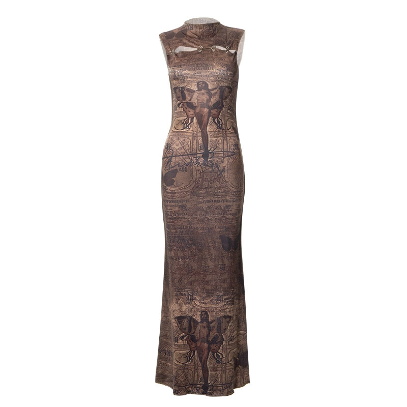 Kveen Angel Print Maxi Dress Elegant Silk Maxi Dress