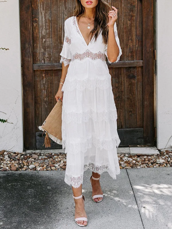 Lace Patchwork V Neck Maxi Dress Fashionable Faux Wrap Maxi Dress