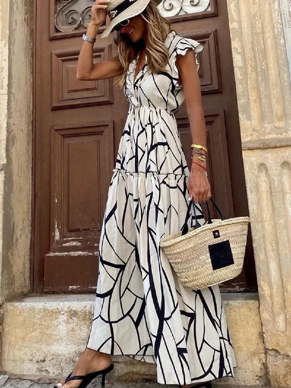 Lightweight Maxi Dress with Abstract Faces Elegant Maxi Dress with Ruffles