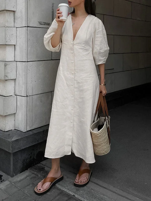 Linen Puff Sleeve V-Neck A-Line Maxi Dress Comfortable Ruffle Hem Maxi Dress