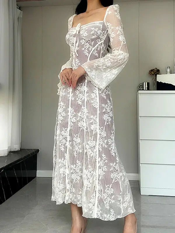 Long Sleeve Square Neck Lace Maxi Dress Cozy Open-Back Maxi Dress