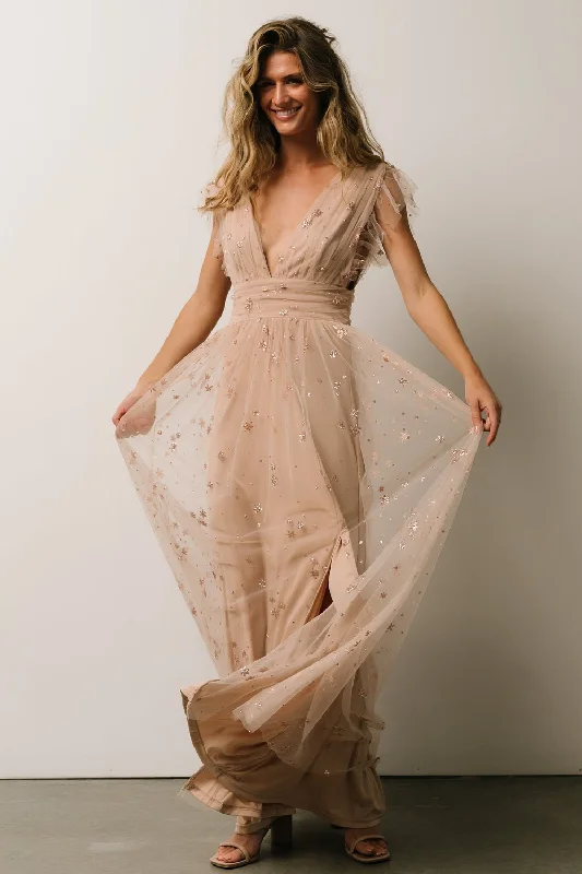 Nova Shimmer Maxi Dress | Natural + Blush Trendy Maxi Dress with Lace