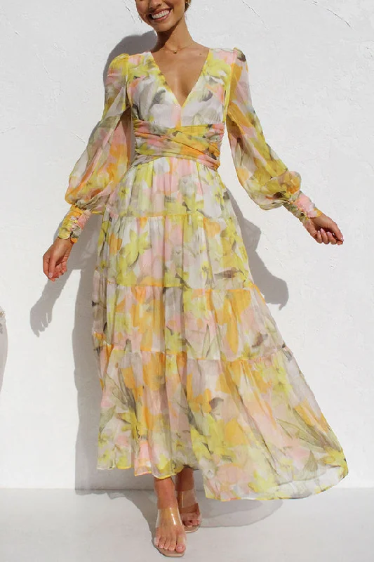 Lilipretty Olena Abstract Floral Balloon Sleeves Maxi Dress Stylish Pleated A-Line Maxi Dress