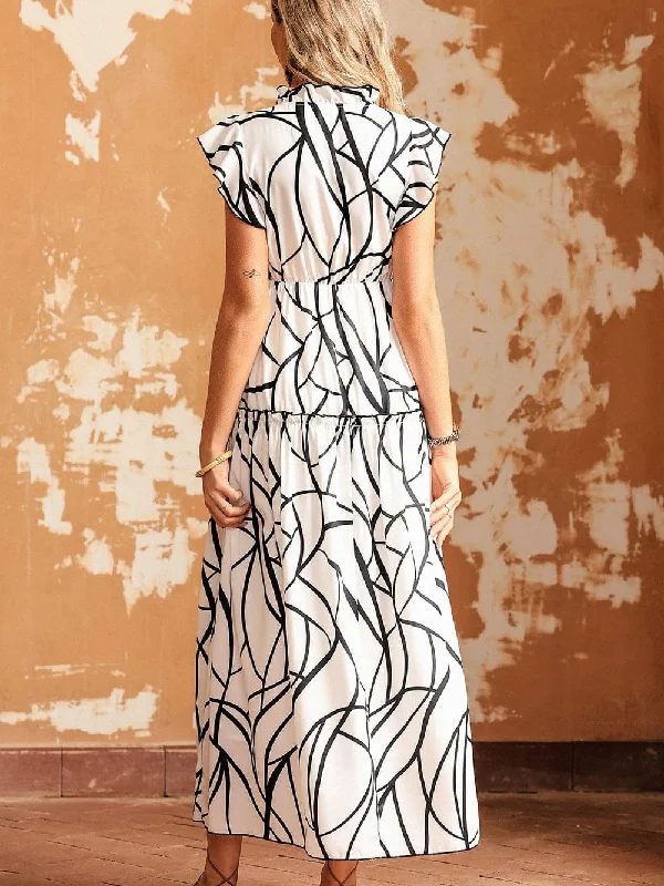 Party Maxi Dress with Abstract Art Elegant Tiered Maxi Dress