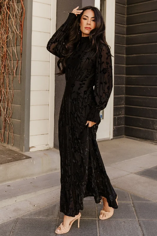 Penelope Velvet Maxi Dress | Black Trendy Ruffled Maxi Dress