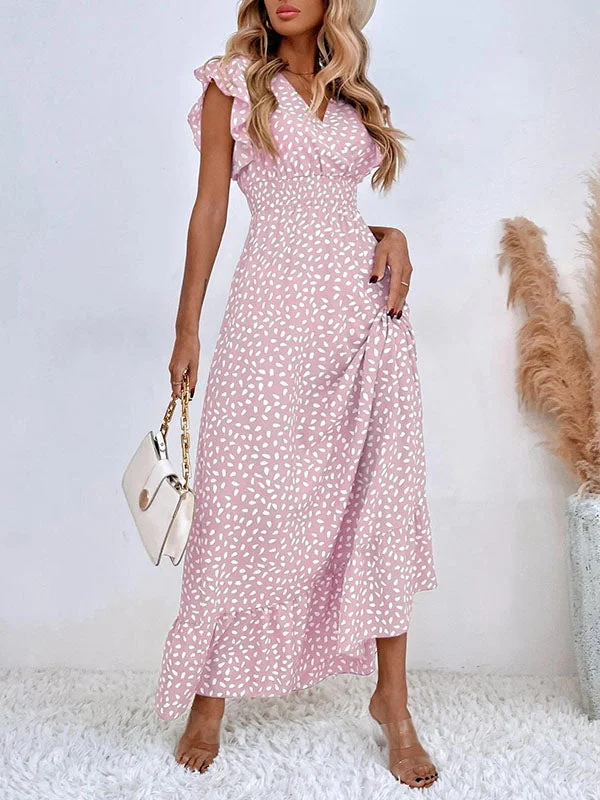 Polka Dots Ruffle Sleeve Maxi Dress Casual Maxi Dress with Pockets