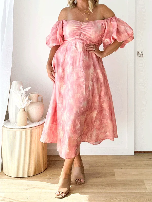 Short Sleeve Off Shoulder Floral Maxi Dress Stylish Button-Up Maxi Dress