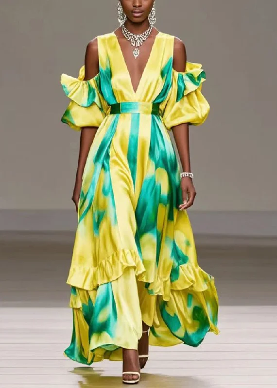 Simple Yellow Cold Shoulder Tie Dye Ruffles Silk Maxi Dress Summer Trendy Maxi Dress with Belt