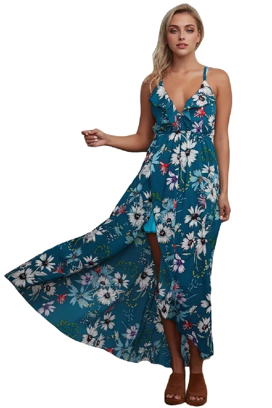 JuliaFashion - 2024Slate Blue Floral Chiffon Spaghetti Straps Maxi Dress Stylish One-Shoulder Maxi Dress