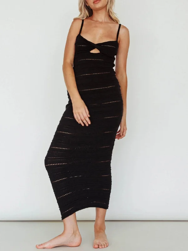 Spaghetti Strap Hollow Out Knit Maxi Dress Elegant Pleated Maxi Dress