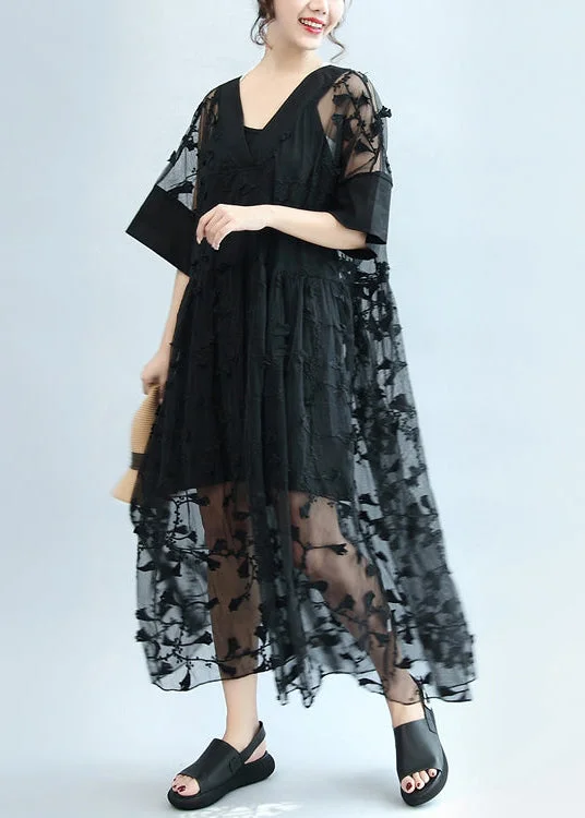 summer 2024 black embroidery lace dresses plus size maxi dress Cozy Maxi Dress with Slit