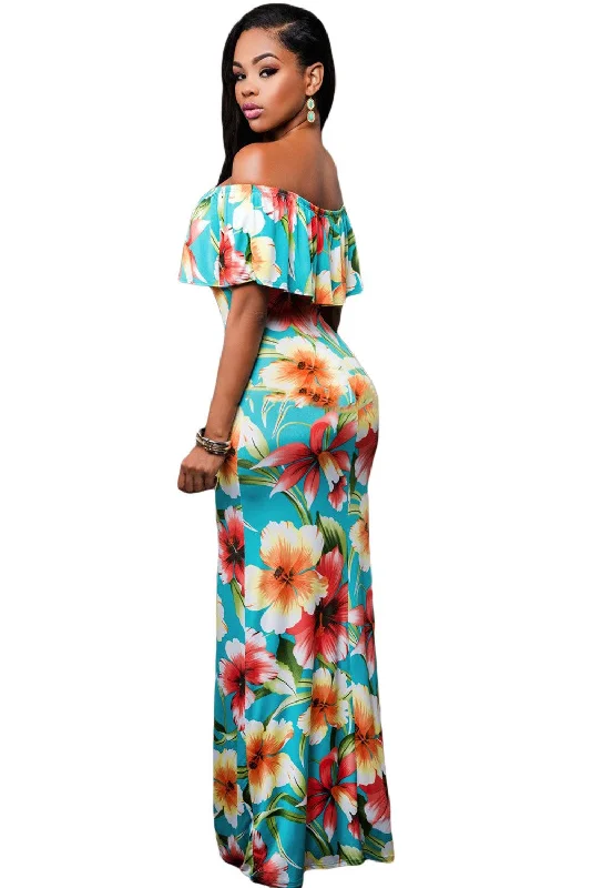 JuliaFashion - 2024 Turquoise Roses Print Off-the-shoulder Maxi Dress Fashionable Off-Shoulder Maxi Dress