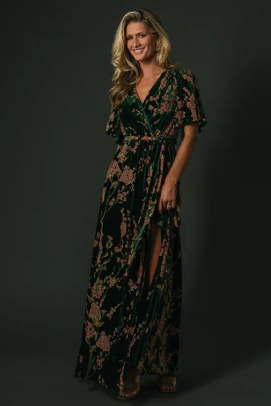 Uma Velvet Maxi Dress | Green Floral Fashionable Layered Maxi Dress