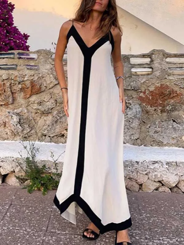 V Neck Bicolor Camisole Maxi Dress Trendy Button Front Maxi Dress