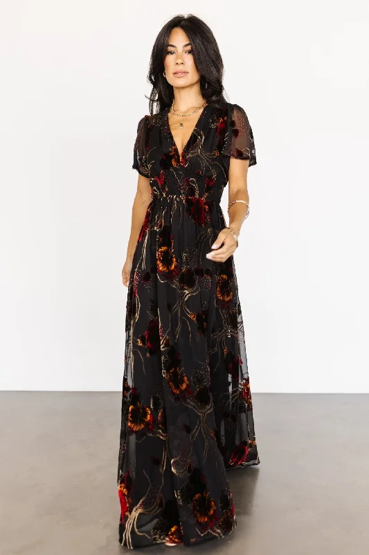 Valen Maxi Dress | Black Multi Elegant Maxi Dress with Slit