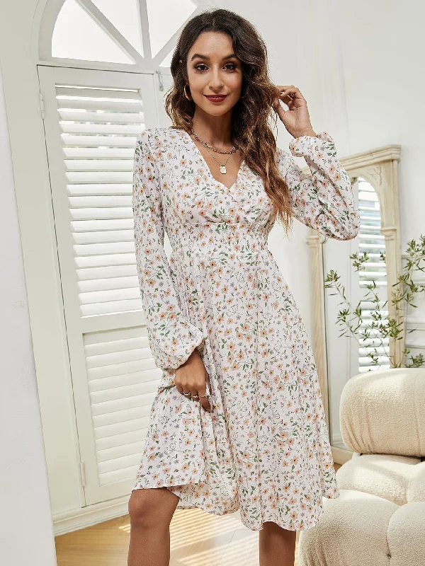 KittenAlarm - Women V Neck Elastic Waist Floral Print Long Sleeve Maxi Dress Chic Button-Up Maxi Dress