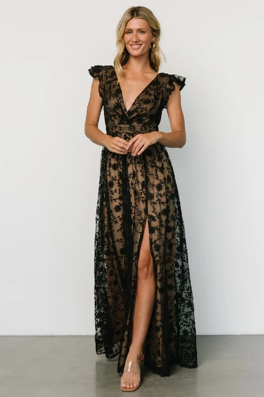 Alexa Embroidered Sequin Maxi Dress | Black + Nude Elegant Silk Maxi Dress