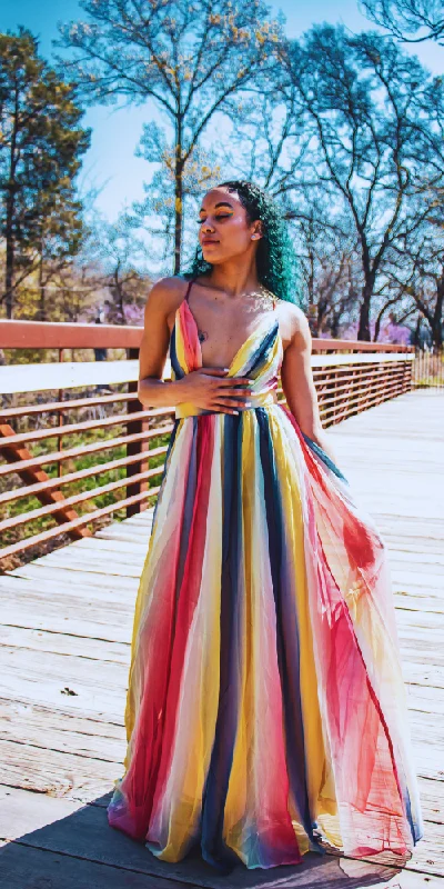 Ashley Rainbow Tie-Dye Maxi Dress Fashionable Halter Neck Maxi Dress