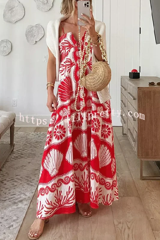 Beautiful Shell Unique Print Front Lace-up Loose Maxi Dress Comfortable Flowy Maxi Dress Beautiful Shell Unique Print Front Lace-up Loose Maxi Dress Comfortable Flowy Maxi Dress
