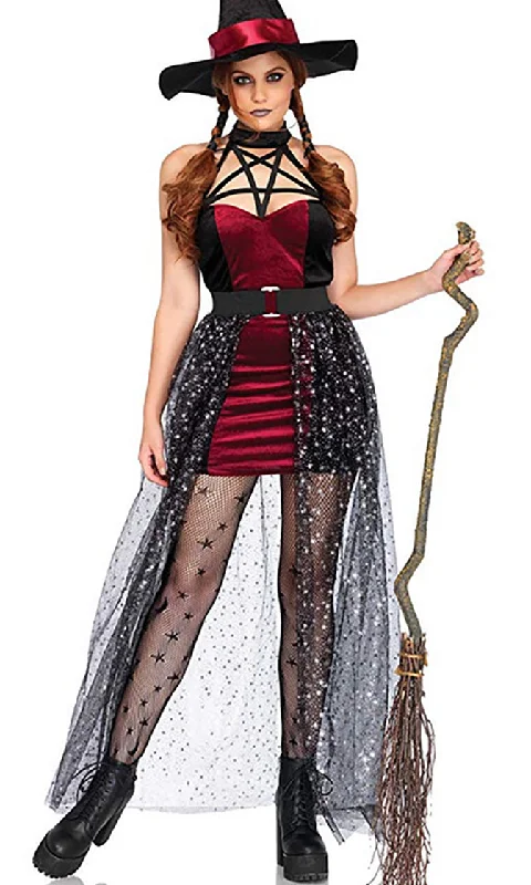 Bewitching Hour <br><span>Black Red Sleeveless Mock Neck Cut Out Star Pattern Maxi Dress Witch Costume</span> Elegant Maxi Dress with Drapes