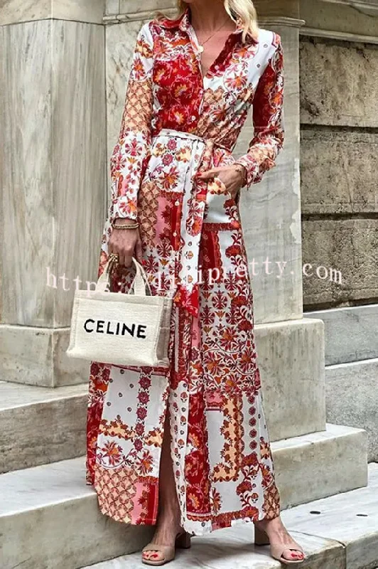 Bohemian Style Unique Printed Shirt Waist Tie Maxi Dress Chic Summer Floral Maxi Dress Bohemian Style Unique Printed Shirt Waist Tie Maxi Dress Chic Summer Floral Maxi Dress