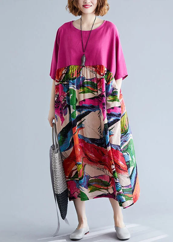 Boutique Rose Oversized Patchwork Print Cotton Maxi Dresses Half Sleeve Fashionable Faux Wrap Maxi Dress