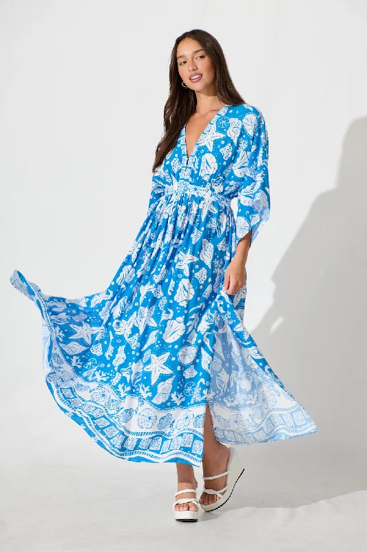 Break Free Maxi Dress In Blue and White Shell Print Stylish Maxi Dress with Pleats