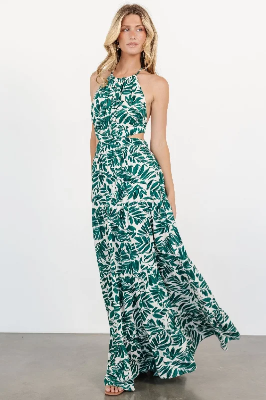 Brett Halter Maxi Dress | Palm Green Print Elegant Tiered Maxi Dress