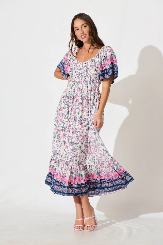 Carmella Maxi Dress in Pink and Blue Floral Trendy Maxi Dress with Belt