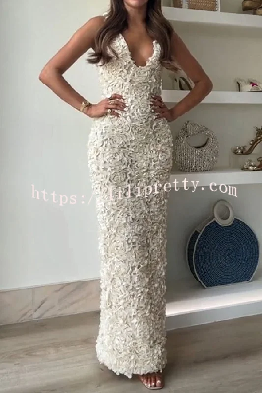 Champagne Party Rose Floral Applique Slit Pencil Maxi Dress Stylish Off-Shoulder Maxi Dress